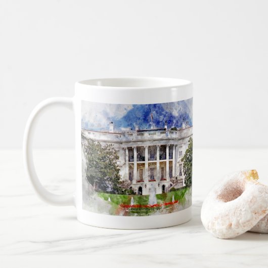 Mug Maison Blanche à Washington DC en aquarelle (Avec donut)