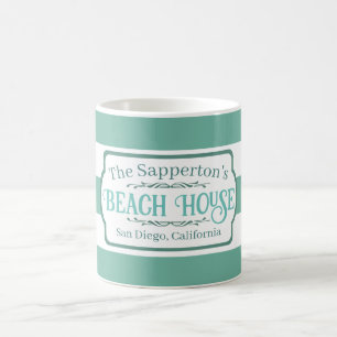 Mug Maison de plage nom personnalisé rayures sarcelle