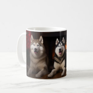 Mug Malamute d'Alaska au coin de la cheminée de Noël