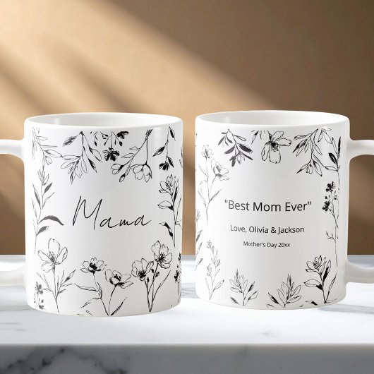 Mug Mama Custom Quote Black White Floral Line Art 