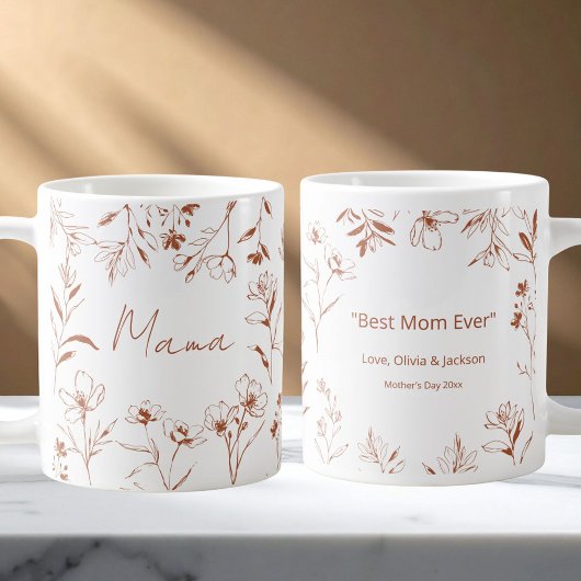 Mug Mama Custom Quote Brown White Floral Line Art 