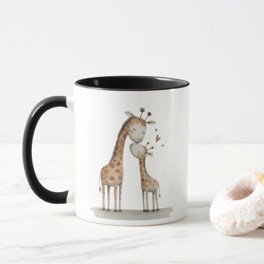 Mug Maman & bébé girafe illustration mignonne (Avec donut)