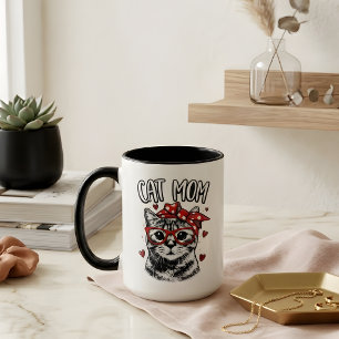 Mug Maman Chat Élégante avec Lunettes et Bandana Café 