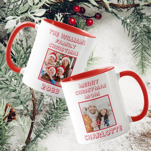 Mug Maman Famille Noël Photo Rouge et Blanc