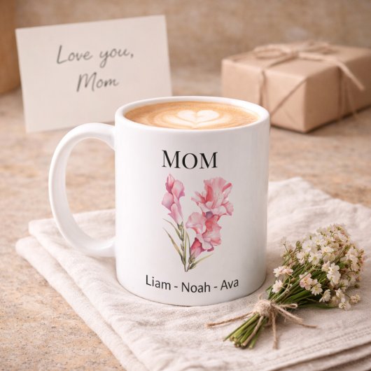 Mug Maman Fleur de naissance d'août avec les prénoms d