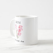 Mug Maman Fleur de naissance d'août avec les prénoms d (Devant gauche)