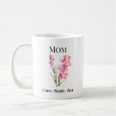 Mug Maman Fleur de naissance d'août avec les prénoms d (Gauche)