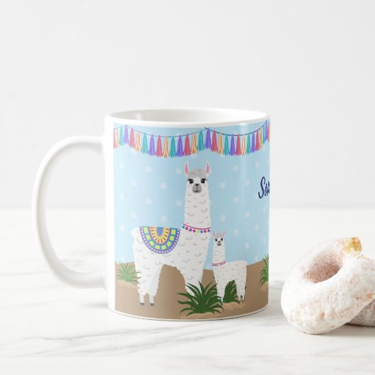 Mug Maman Llama et point de polka bleu de lama de bébé (Avec donut)