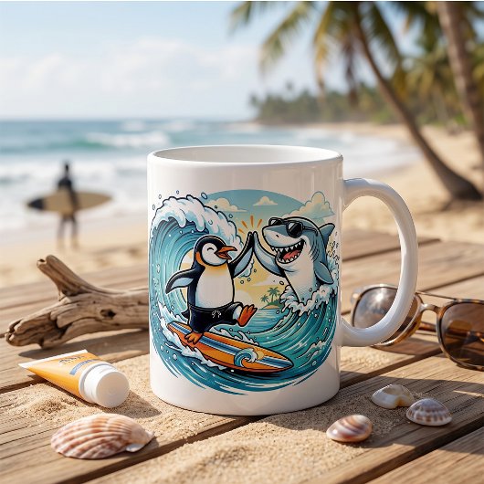 Mug Manchot surfeur et requin high five