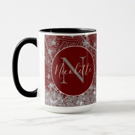 Mug Mandala avec Monogramme Parties scintillant Argent (Gauche)
