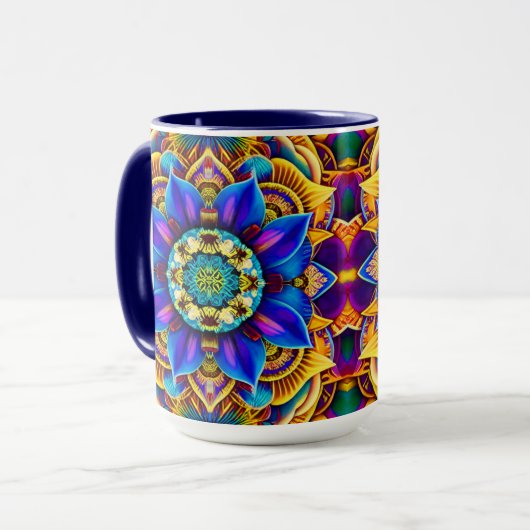 Mug Mandala bleu soleil (Devant gauche)