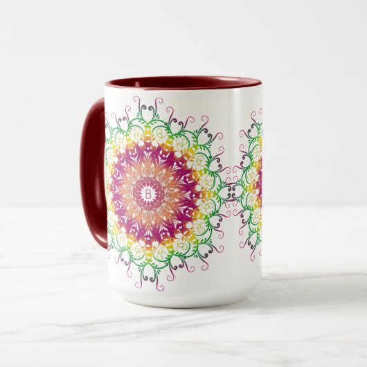Mug mandala ethnique à fleurs. (Devant gauche)