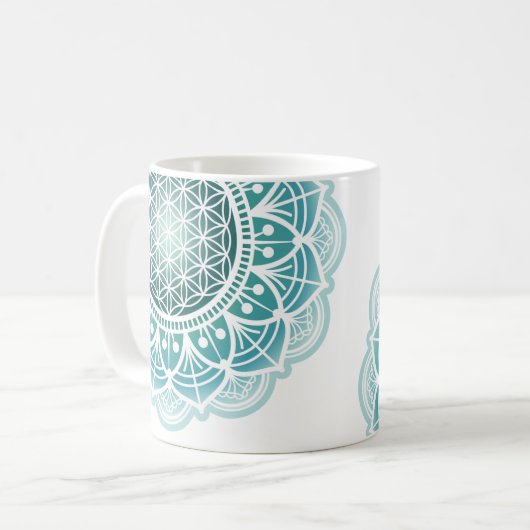 Mug Mandala - Fleur de vie - Turquoise (Devant gauche)