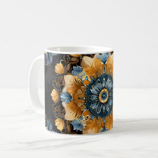 Mug Mandala Gold & Silver Blue Leaf (Devant gauche)