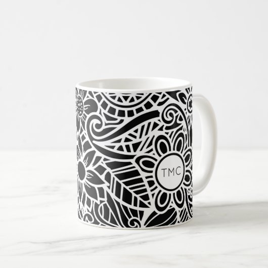 Mug Mandela Tropical Floral INITIALES Black Blanc Fun (Devant droit)