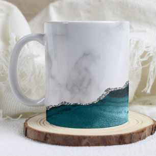 Mug Marbre blanc agate bleu sarcelle paillettes argent