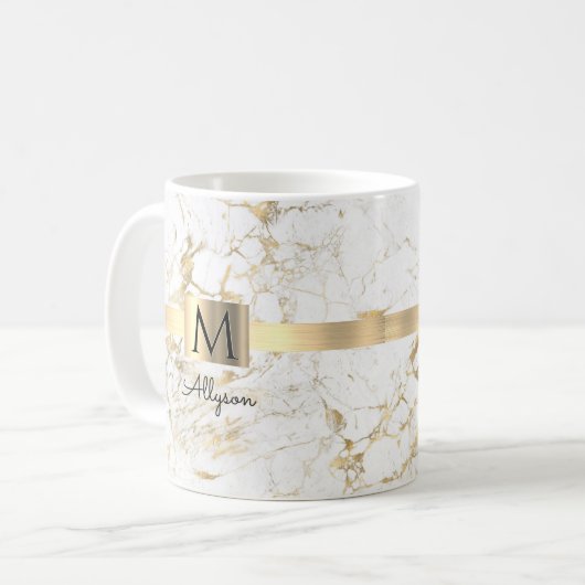 Mug Marbre blanc et or, nom du script et monogramme (Devant gauche)