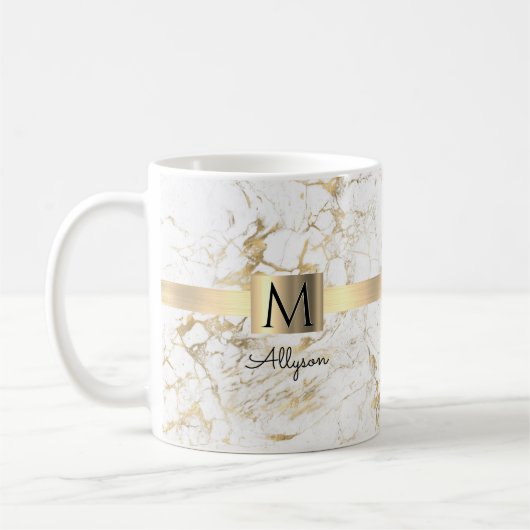 Mug Marbre blanc et or, nom du script et monogramme (Gauche)