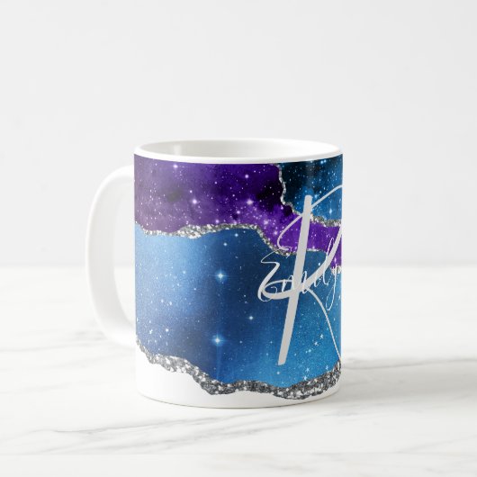 Mug Marbre bleu et violet Agate Nom Abstrait Monogramm (Devant gauche)