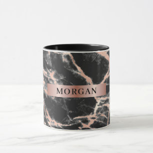 Mug Marbre d'or noir et Rose, Nom sur Rose Gold Band M