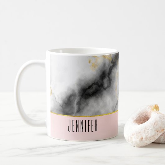 Mug Marbre gris lisse moderne avec ruban or (Avec donut)