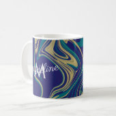 Mug Marbre Liquide Faux Or Bleu Vert Monogrammé (Devant gauche)