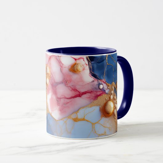 Mug Marbre Rose et Saphir avec Perles Dorées (Devant droit)