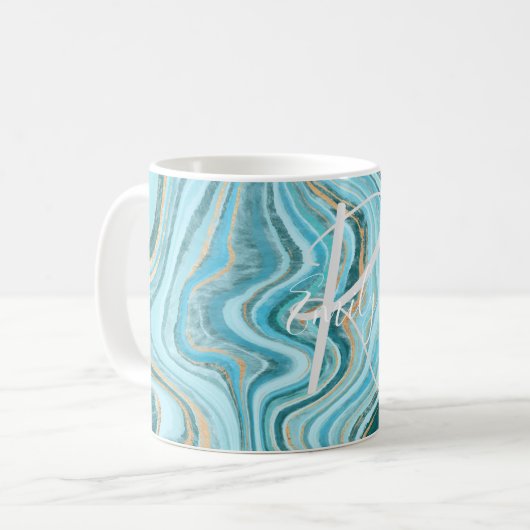 Mug Marbre Tan Agate turquoise Nom Abstrait Monogramme (Devant gauche)