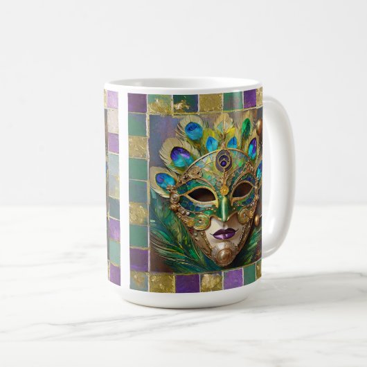 Mug Mardi Gras Gold Ceramic Peacock Feature Masque (Devant droit)