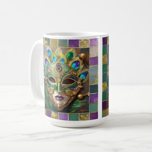 Mug Mardi Gras Gold Ceramic Peacock Feature Masque (Devant gauche)