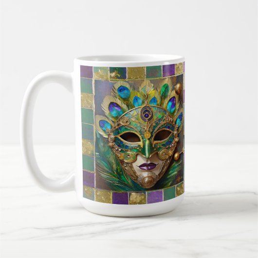Mug Mardi Gras Gold Ceramic Peacock Feature Masque (Gauche)