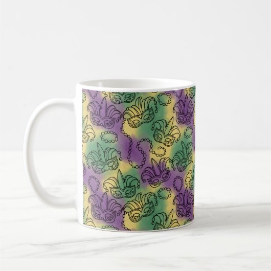 Mug Mardi Gras Masks and Beads Doodle Art Style (Gauche)