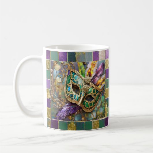 Mug Mardi Gras Masque de plumes vert et doré (Gauche)