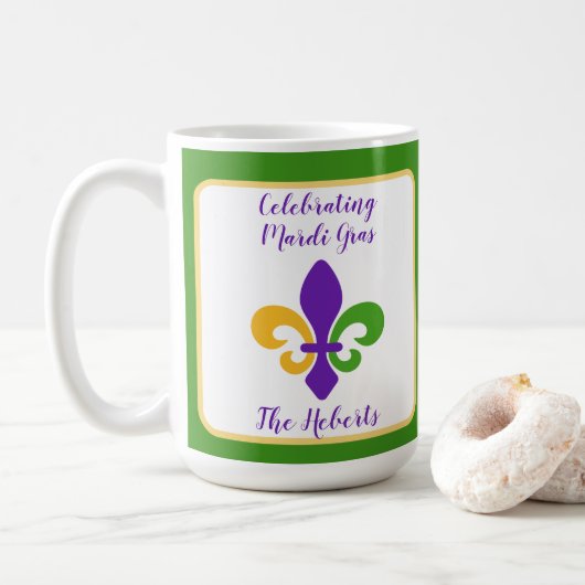 Mug Mardi Gras NAME Green Gold Purple Fleur de Lis (Avec donut)