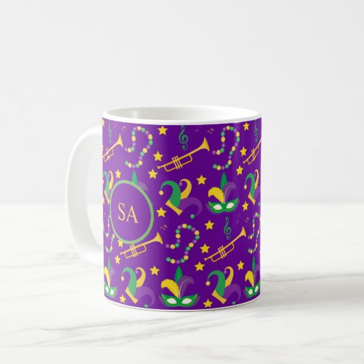 Mug Mardi Gras perles Masque étoile vert doré violet (Devant gauche)