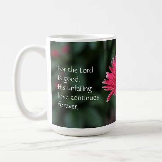 Mug Marguerite rose de Gerbera avec le vers d'écriture (Gauche)