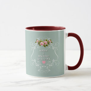 Mug Mariage aux Roses Roses Fuschia et Vert Sauge Vint
