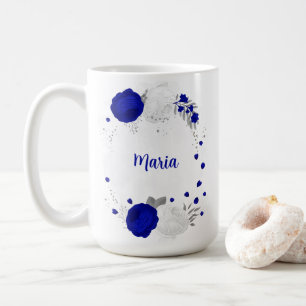 Mug mariage botanique bleu royal & fleurs blanches arg