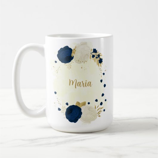 Mug mariage botanique fleurs navy & blanc or (Gauche)
