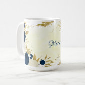 Mug mariage botanique fleurs navy & blanc or (Devant gauche)