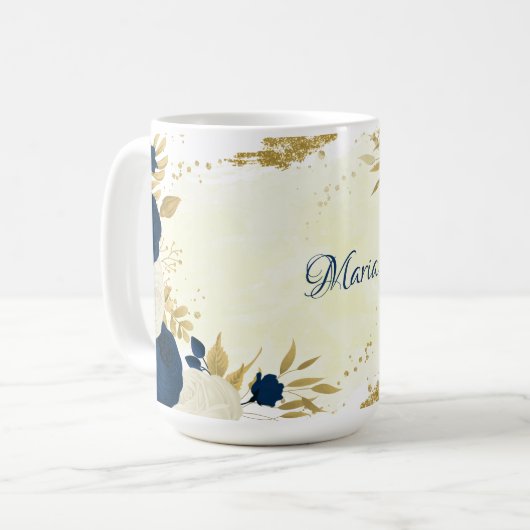 Mug mariage botanique navy & fleurs blanches or (Devant gauche)