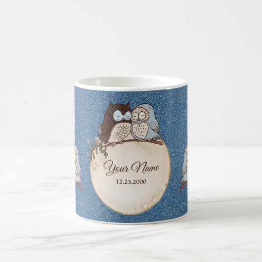 Mug Mariage Chouette Pailletée Brun Bleu Magnifique (Centre)