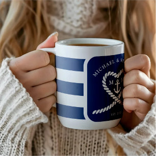 Mug Mariage Corde Ancre Rayures Bleu Nautique