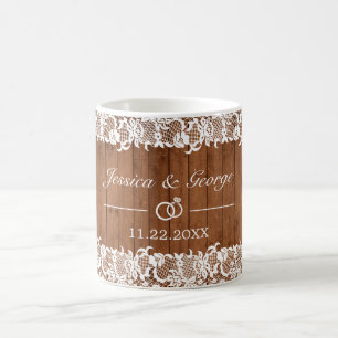 Mug Mariage en bois rustique et dentelle blanche