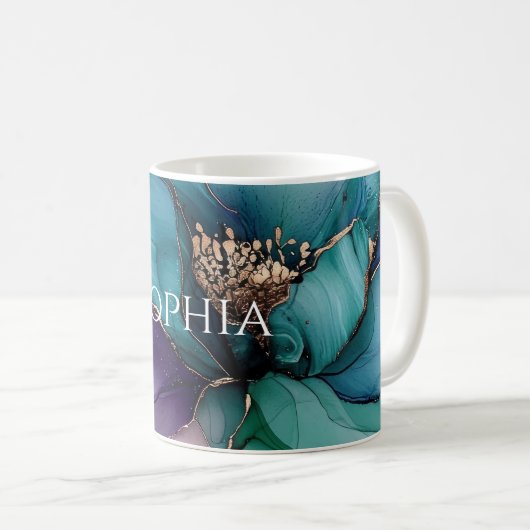 Mug Mariage Fleur Bleu Or Aqua Violet Shower (Devant droit)
