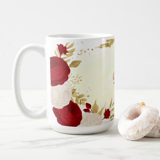 Mug Mariage fleurs romantiques rouge foncé et blanches (Avec donut)