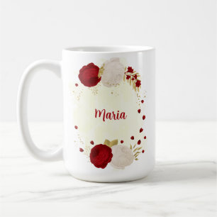 Mug Mariage fleurs romantiques rouge foncé et blanches