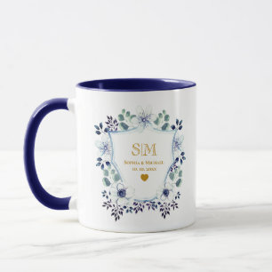 Mug Mariage floral bleu élégant et or I Anniversaire