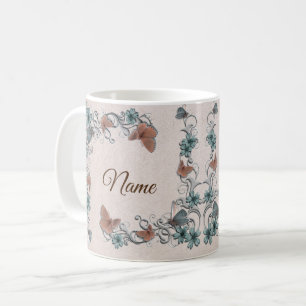 Mug Mariage Papillon Cuivre Floral Argent Sarcelle Tan