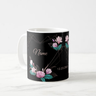 Mug Mariage Rose Floral Or Géométrique Élégant Noir